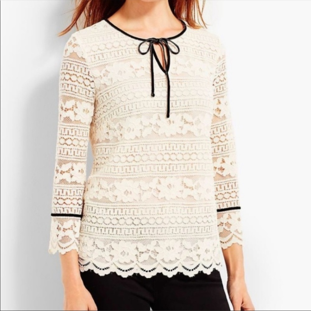Talbots Cream Lace Blouse With Black Velvet Tie